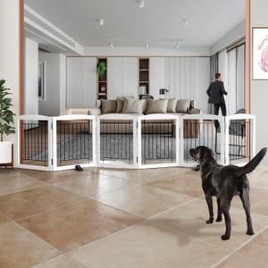 ZJSF Freestanding Dog Fence Indoor, Foldable Dog Gate for Doorways, Stairs or Hallways, Sturdy Wood Extra Wide Pet Gate with Support Feet for The House, White, 24 "Height-6 Panels