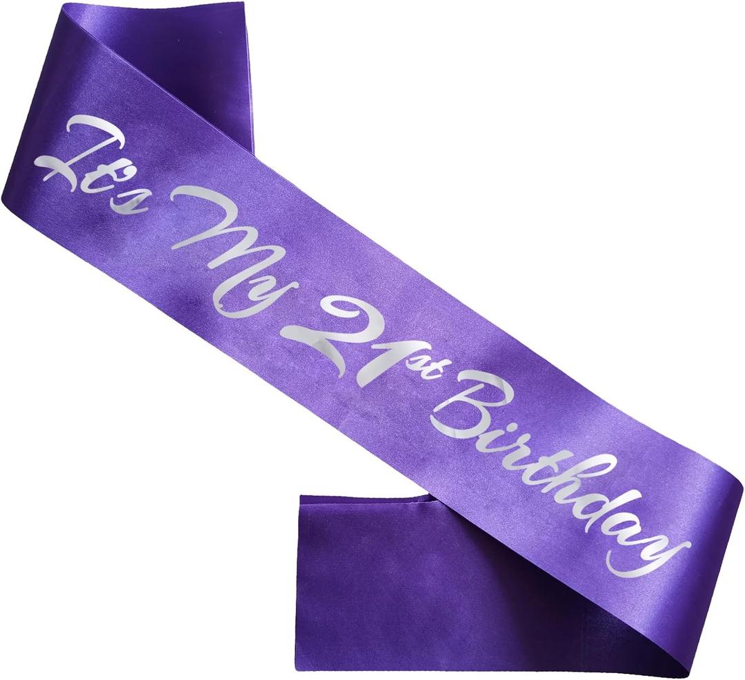 It's My 21st Birthday Sash, Purple Silver Birthday Sash for 21st Bday Party Supplies, Gifts for Girls Bday Party Favors
