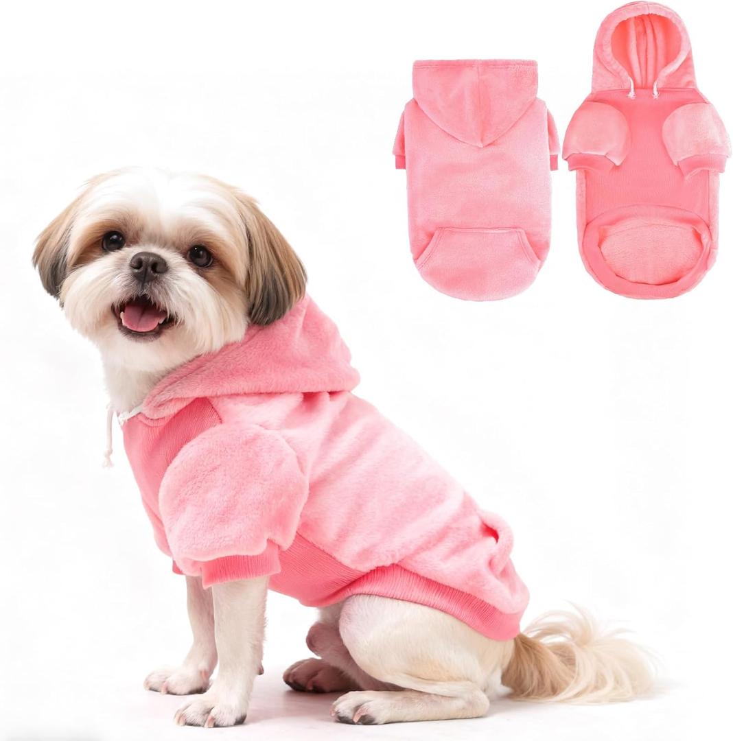 EXPAWLORER Flannel Basic Dog Hoodie - Winter Fall Warm Soft Fleece Sweater with Leash Hole and Pocket, Cold Weather Pet Clothes Coat Sweatshirt for Small Dogs Puppy Cats (Pink, S)