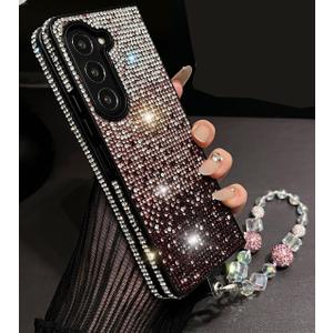 for Samsung Galaxy Z Fold 7 Bling Case Luxury Glitter Diamond Sparkly Rhinestone Cute Gemstone Slim Pretty Phone Cover with Crystal Wrist Strap for Women Girly,Purple