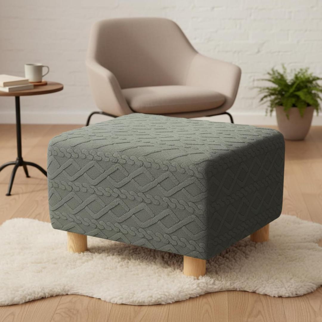 Gilprop Stretch Square Ottoman Cover, Ottoman Slipcover, Foot Stool Cover with Elastic Bottom, Stool Furniture Protector for Couch Home Decor Pouffe(Green,Jacquard)