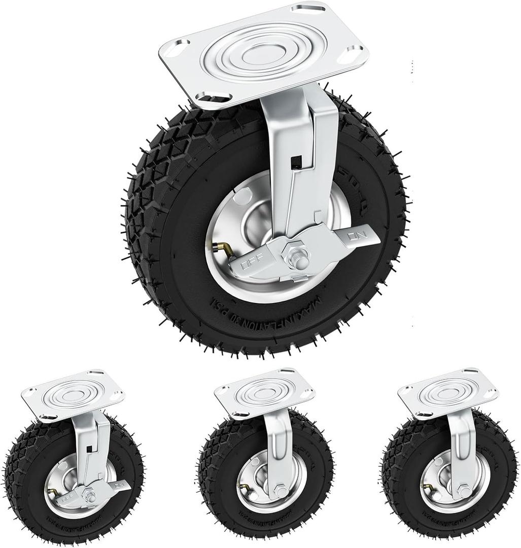 10 Inch Pneumatic Casters Wheels, Heavy Duty Rubber Casters Set of 4 with Brake, No Noise Locking Swivel Caster, 1200lbs Capacity for Workbench, Cart, Trolley and Wagon