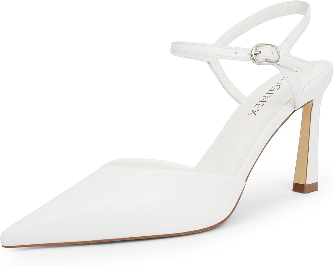 Womens Closed Toe Heels Pointed Toe Stiletto Pumps with Ankle Strap Slingback Dressy Shoes for Wedding Party Prom (10, White)
