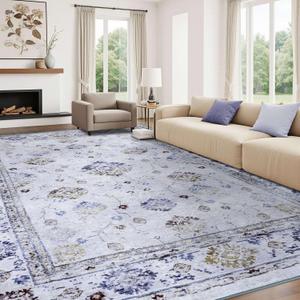 FinRec 8x10 Rugs for Living Room, Washable Vintage Floral Bedroom Rug, Non-Slip Low Pile Area Rug, Ultra-Thin Foldable Accent Indoor Carpet for Kitchen Dining Room Kids Room Office - Blue and White