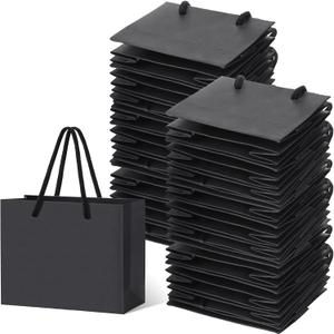 Honoson 100 Pcs Thicken Black Mini Gift Bags with Handles, 3.9 x 4.7 x 2.4 Inch Small Paper Goodie Shopping Bags for Small Business Party Wedding Gift Wrap Valentine