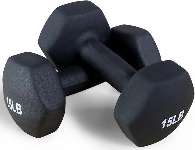 Fitvids Neoprene Dumbbell Hand Weights, Anti-Slip, Anti-roll, Hex Shape Balck, 15lbs pair