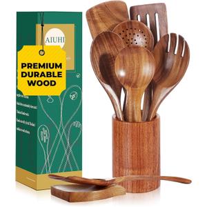 AIUHI Natural Solid Teak Wooden Cooking Utensils for Nonstick Cookware, Wooden Kitchen Utensils Set Includes Spoons, Spatulas, Strainer Spoon, Salad Fork with Holder and Spoon Rest (9PCS)