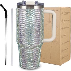 Sparkling 40oz Tumbler with Handle and 2-in-1 Lid, Rhinestone Covered Insulated Cup, 40 oz tumbler with handle for Glamorous Hydration (White AB)