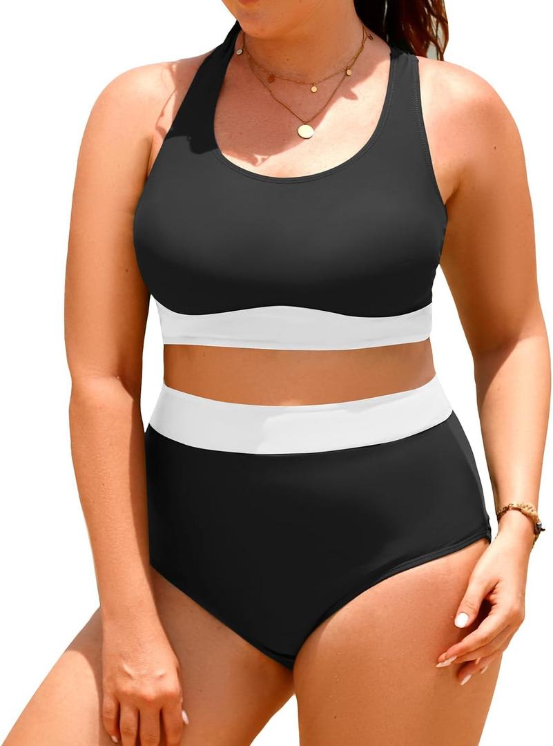 Aqua Eve Plus Size Two Piece High Waisted Bikini Swimsuits Scoop Neck Bikini Set Sporty Bathing Suits (Black White)