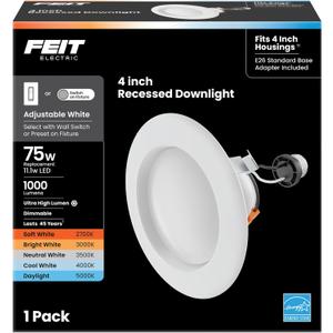Feit Electric Enhance 4in LED Recessed Downlight, 75W Equivalent, 1000 Lumens, Dimmable, Adjustable White Color Temperature, Fits Most 4-Inch Housings, 90+ CRI, 50,000-Hour Lifetime, LEDR4XHO/6WYCA
