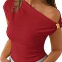 ZESICA Women's 2026 Summer Off Shoulder Tops Going Out Sexy Y2k Shirts Spring Cap Sleeve Ruched Asymmetrical Blouses (Medium, Red)