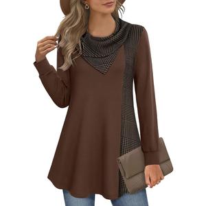 Youtalia Long Tunics for Women, Ladies Tops for Leggings Warm Cowl Neck Shirt Fashion Check Contrast Pullover Tunic Sweatshirts Coffee Houndstooth Medium