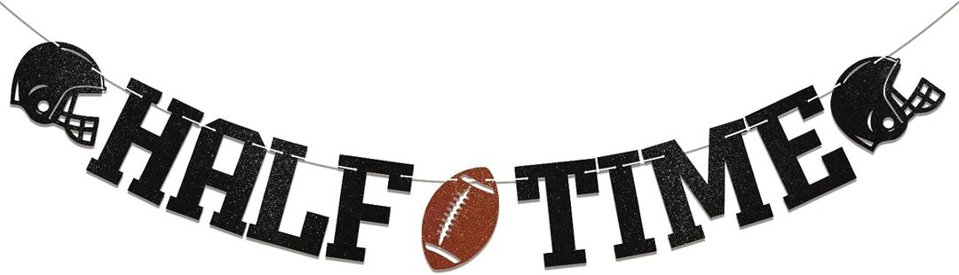 Football Half Time Banner - Birthday Party Decorations, Half Way to One Banner for Boy, Black Glitter