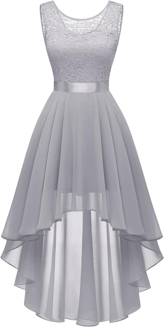 BeryLove Cocktail Prom Dresses 2025 Formal Wedding Guest Dresses Sleeveless Lace High Low Homecoming Dress (Large, Grey)