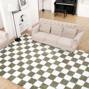 Super Soft Rug for Bedroom, 8x10 Ft Beige and White Area Rug Classic Checkered Shaggy Anti-Skid High Pile Soft Fluffy Rug Fuzzy Carpet for Living Room Bedroom Kids Room Nursery, Dorm Home Decor
