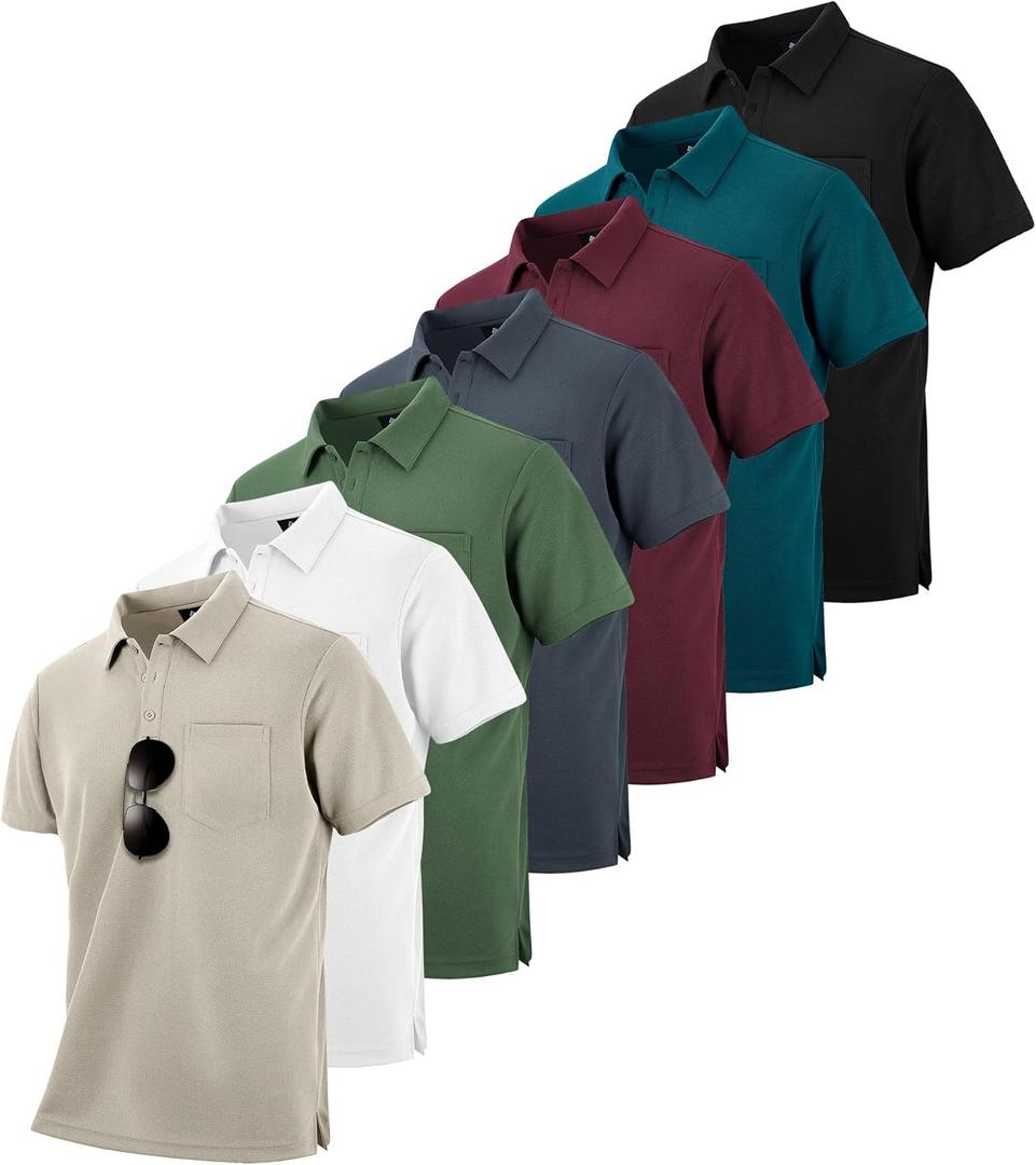 ZITY 7 Pack Mens Polo Shirts with Pocket Moisture Wicking Short Sleeve Outdoor Golf Athletic Work Multipack Shirts (Large, Black+grey+army Green+apricot+wine Red+dark Teal Blue+white)