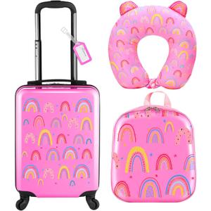 Sanwuta 4 Pcs Kids Luggage Set Kids Backpack Travel Rolling Suitcase with Wheels U-shape Pillow Children's Gift for Girls Boys (17 Inch, Rainbow Style, Pink)