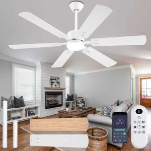 FUMLTP 56inch Modern White Ceiling Fans with Lights and Remote/App Control, Dimmable LED, Reversible DC Motor, Noiseless, 6 Double-Side Blade Low Profile Ceiling Fan for Livingroom Indoor/Outdoor Use