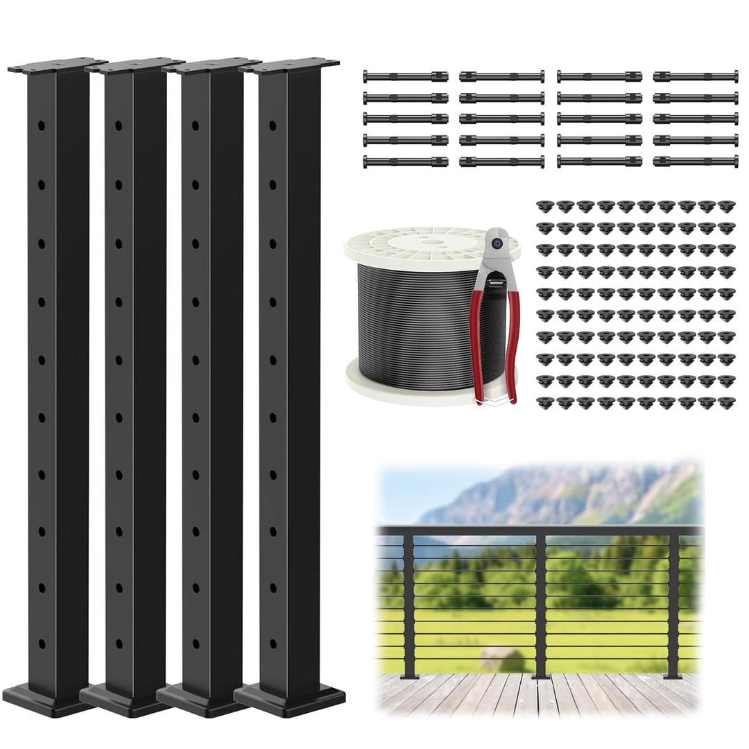 4-12ft Complete Set 35" Stainless Steel Cable Railing Post Kits, 4 Pack Black Top Mount Level Line Post with Grommets for Deck Railing Systems, 161ft Wire Rope, Indoor & Outdoor Use, MY07-LP (Level Post Kits -4p)