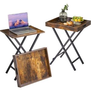 IBUYKE Foldable TV Tray Set of 2 TV,End Table with Removable Food Serving Tray,Portable Wooden Snack Table for Livingroom, Bedroom, Office, Camping,Rustic Brown, UTVT001H