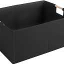 Fabric Storage Bin Box Foldable Cotton Linen Storage Basket with Wooden Handles Rectangular Cube Decorative Home Laundry Organizer Clothes Blanket Container  Black, Small