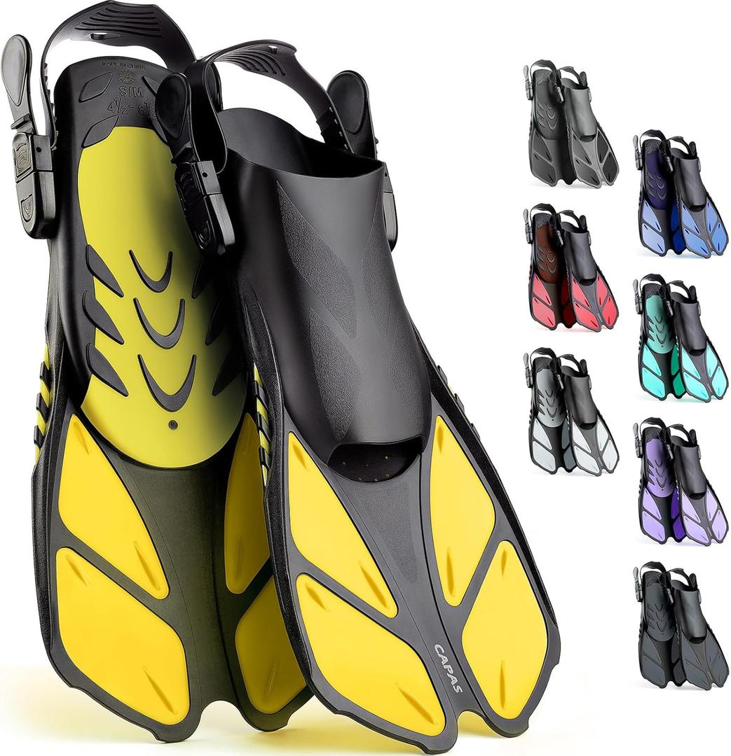 CAPAS Snorkel Fins, Swim Fins Travel Size Short Adjustable for Snorkeling Diving Adult Men Women Kids Open Heel Swimming Flippers (L/XL (US Men 9-13 / Women 10-14), Yellow)