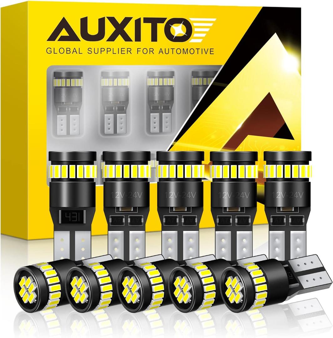 AUXITO 194 LED Light Bulb 6000K White 168 2825 W5W T10 Wedge 24-SMD 3014 Chipsets LED Replacement Light Kit Error Free for Car Interior Dome Map Door License Marker Lights, Pack of 10