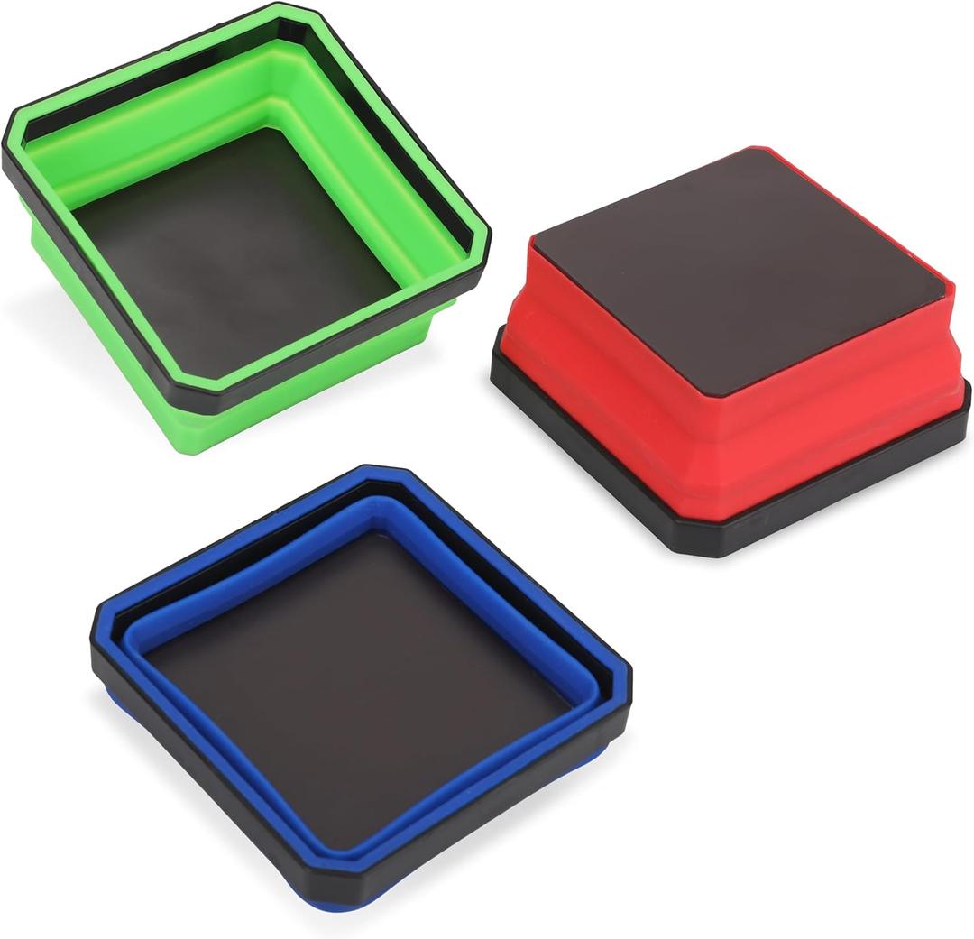 PR1ME Upgrade Collapsible Magnetic Parts Tray Set, 3 Pack, Foldable Magnetic Tool, 4.25 inch Square Silicone Bowls with Magnetic Base Stores and Organizes Small Parts and Tools
