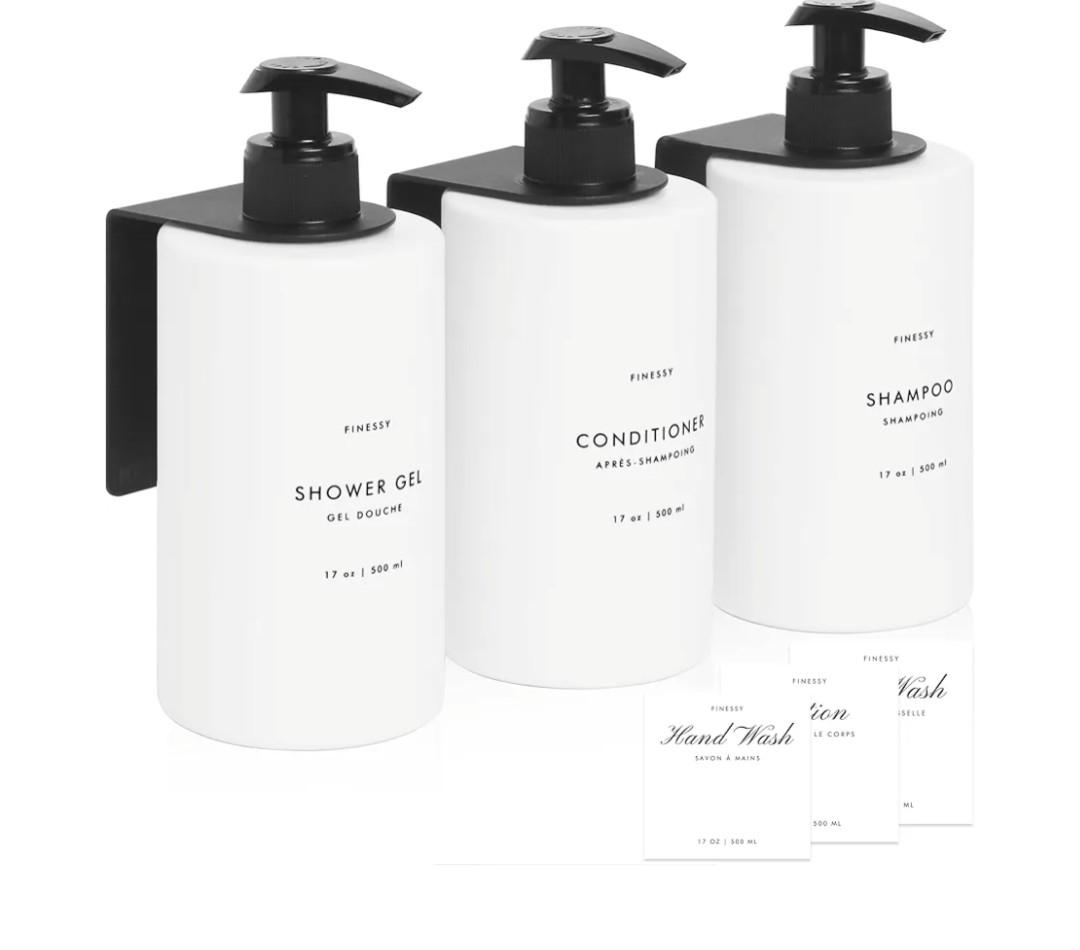 No Drill Wall Mount Shampoo and Conditioner Dispenser for Shower Gel Body Wash Soap Bottle Container White Refillable 3 Chamber Bottle, Plastic Bathroom Shampoo Dispenser for Shower Set Wall Mounted