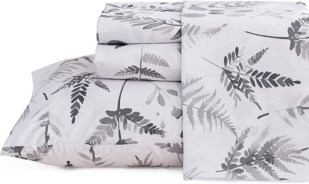 JSD Boho Floral Sheet Set Full Size, 4 Piece Grey Herbs Ferns Printed Microfiber Bed Sheets Deep Pocket (Grey White Patterns)