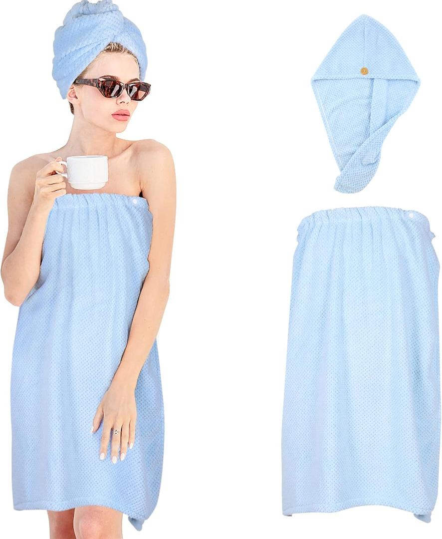 Women Microfiber Bath Wrap Towel and Hair Drying Towel - Adjustable Soft Body Wraps Dress with Hair Towel, Super Absorbent to Quick Drying Hair and Body (Blue)