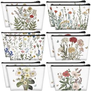 Sweetude 12 Pcs Spring Flowers Makeup Bag Bulk Portable Travel Cosmetic Bags with Zipper Wildflower Floral Waterproof Roomy Travel Beauty Toiletry Organizer Storage Pouch for Women Spring Gifts