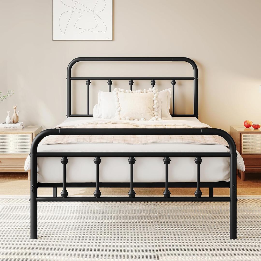 Twin Size Metal Platform Bed Frame/Victorian Style Headboard and Footboard/Steel Slat Support/Easy Assembly/No Box Spring Needed/Underbed Storage/Noise Free/Black Twin Size Metal Platform Bed Frame/Victorian Style Headboard and Footboard/Steel Slat Support/Easy Assembly/No Box Spring Needed/Underbed Storage/Noise Free/Black