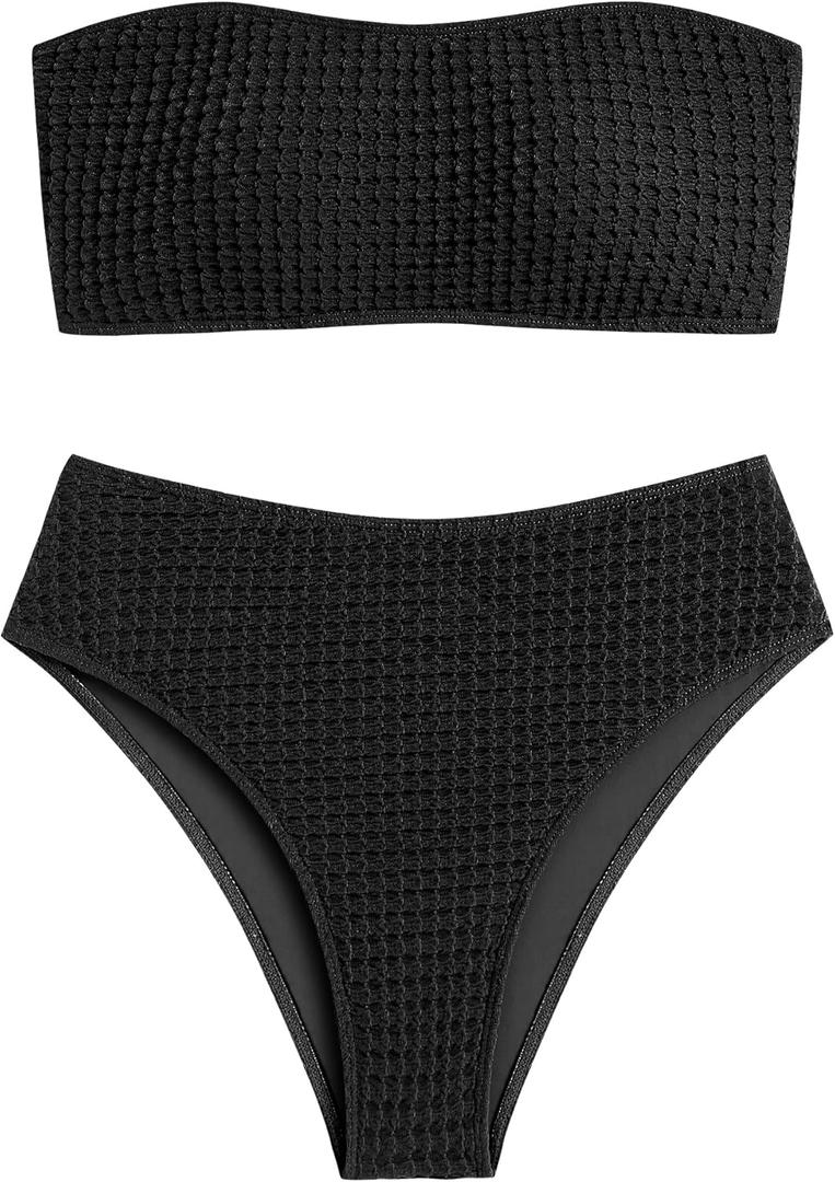 ZAFUL Women's High Cut Bandeau Bikini Set Strapless Solid Color 2 Pieces Bathing Suit Swimsuit (Medium, 6-black)