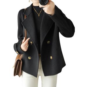 chouyatou Womens Fall Winter Casual Business Wool Blend Coat Loose Double Breasted Dressy Blazer Pea Coat (Black, XL)