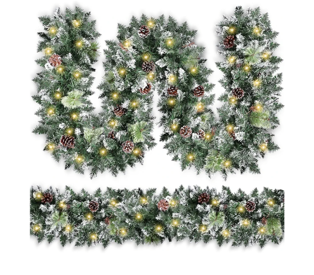 Christmas Garland with Lights, Covanm 9Ft Garland with LED Lights, Artificial Pine Cones and Pine Needles Use for Christmas Decorations and Holiday Mantle Decor