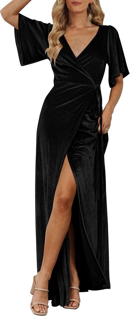 MEROKEETY Women's V Neck Wrap Velvet Maxi Dress Bell Sleeve Split Bridesmaid Cocktail Party Dresses (Medium, Black)