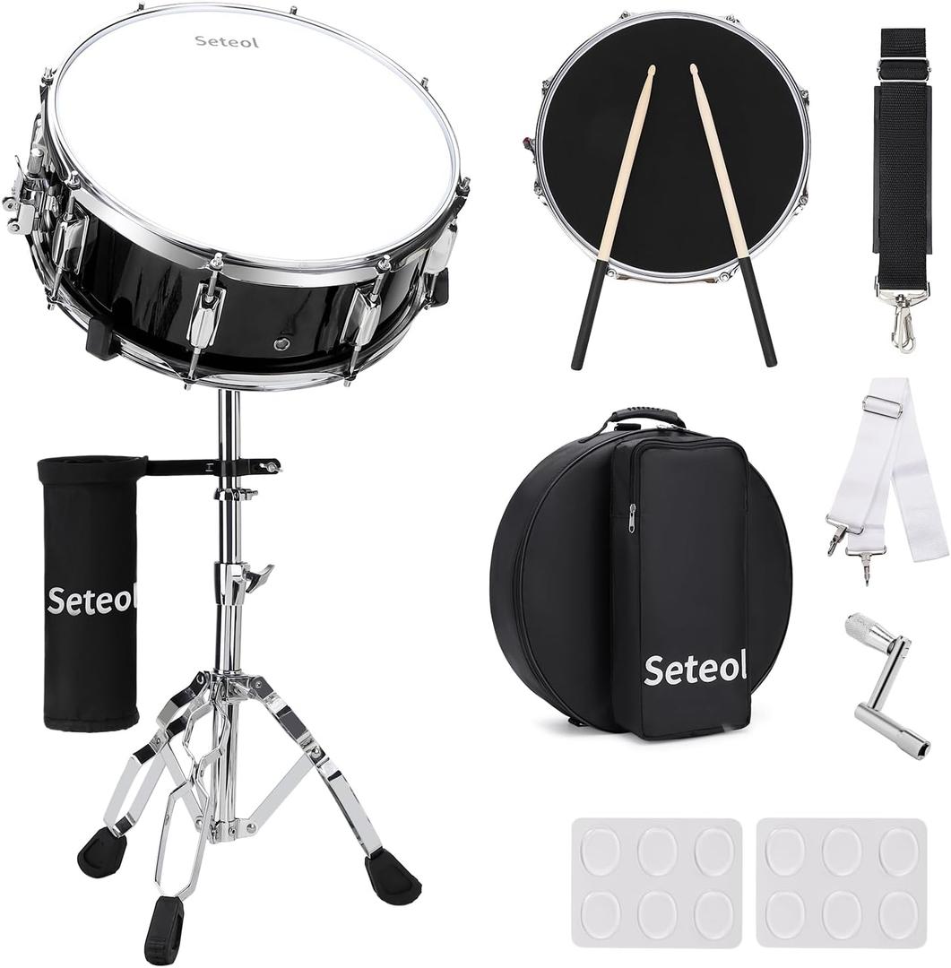 Snare Drum Set, 14" x 5.5" Marching Snare Drum with Stand & Storage Padded Bag + Silent Mute Pad + Drums Sticks + Drumstick Holder + Drums Key + Damper Gels for Adults (Black)