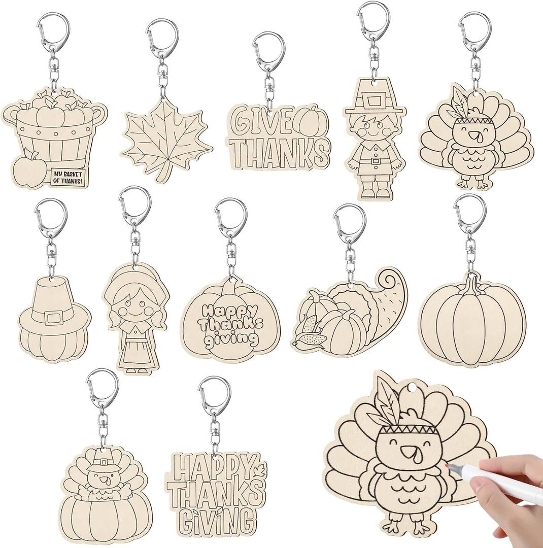 RattanView 24 Pcs Thanks Craft Color Your Own Keychains DIY Craft Wooden Blank Keychains for Sunday School Classroom Home Active Party Favors Gifts, 12 Styles
