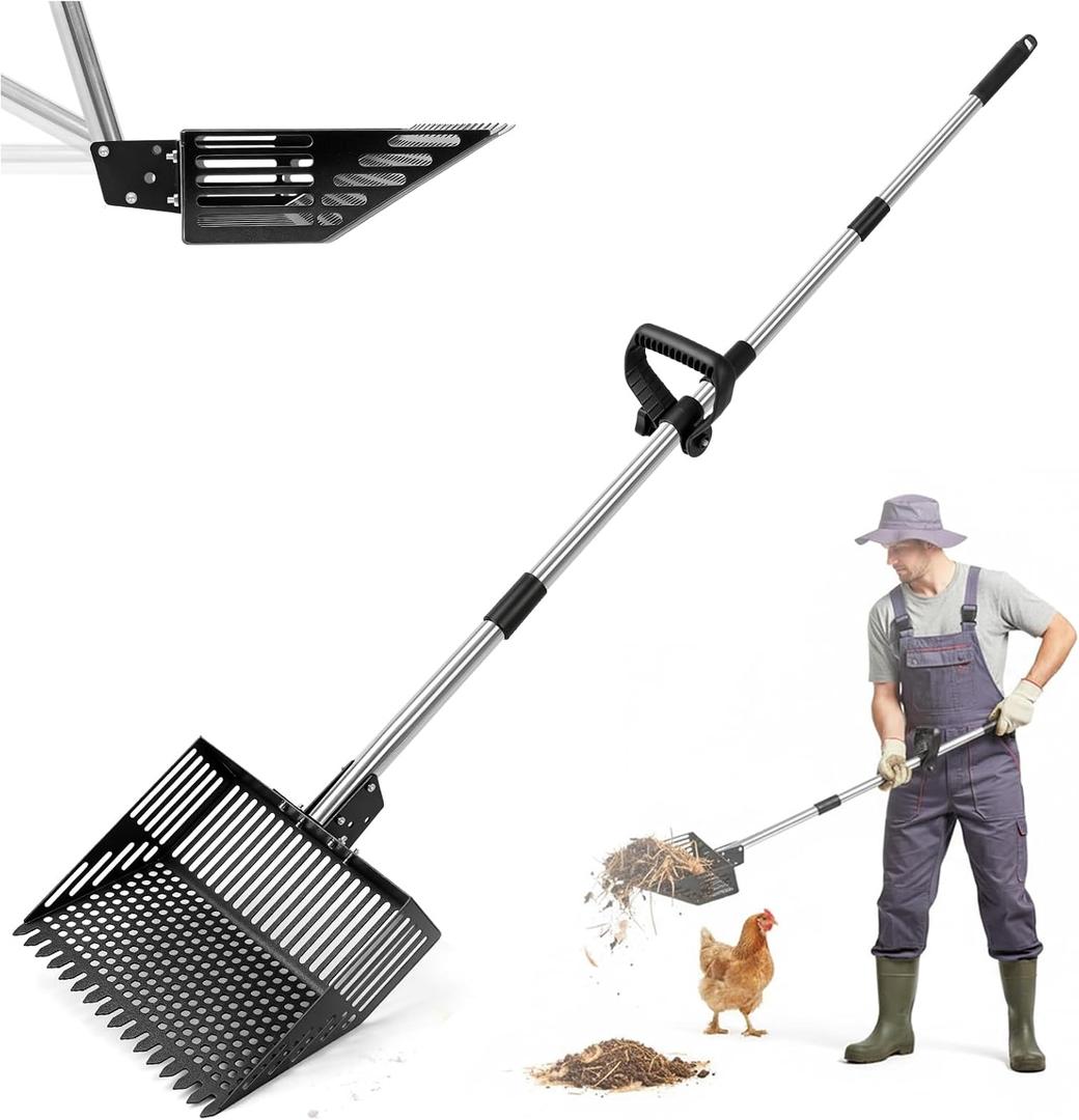 Chicken Poop Scooper,15-INCH Adjustable Angle Chicken Coop Scoop,3-in-1 Sand Rake with Stainless Steel Handle(36"-65"),Chicken Coop Accessories Cleaning Tool for Farm Animals