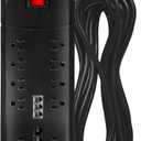 Digital Energy 10-Outlet Flat Plug 3500 Joules Heavy Duty Surge Protector Power Strip, 8 Foot Long Extension Cord, Two USB Charging Ports, Coaxial, Phone Protection, ETL Listed, 15 AMP, 8 FT, Black