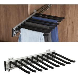 mopam Pull Out Trousers Rack 9 Arms Retractable Closet Pants Hanger Side Mounted Space Saving Trouser Hanger Rack, Left Side Installation, Black