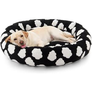 JOEJOY Donut Large Dog Bed, Cute Round Calming Dog Bed with Removable Washable Cover, Orthopedic Pet Beds with Jacquard Shaggy Plush & Non Skid Bottom, Black