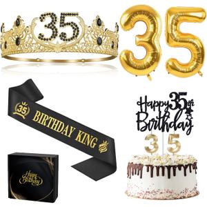 35th Birthday Gifts for Men, 35th Birthday Decorations for Men, Party Decor Supplies Including King Crown & Sash & Balloons & Cake Topper & Candles