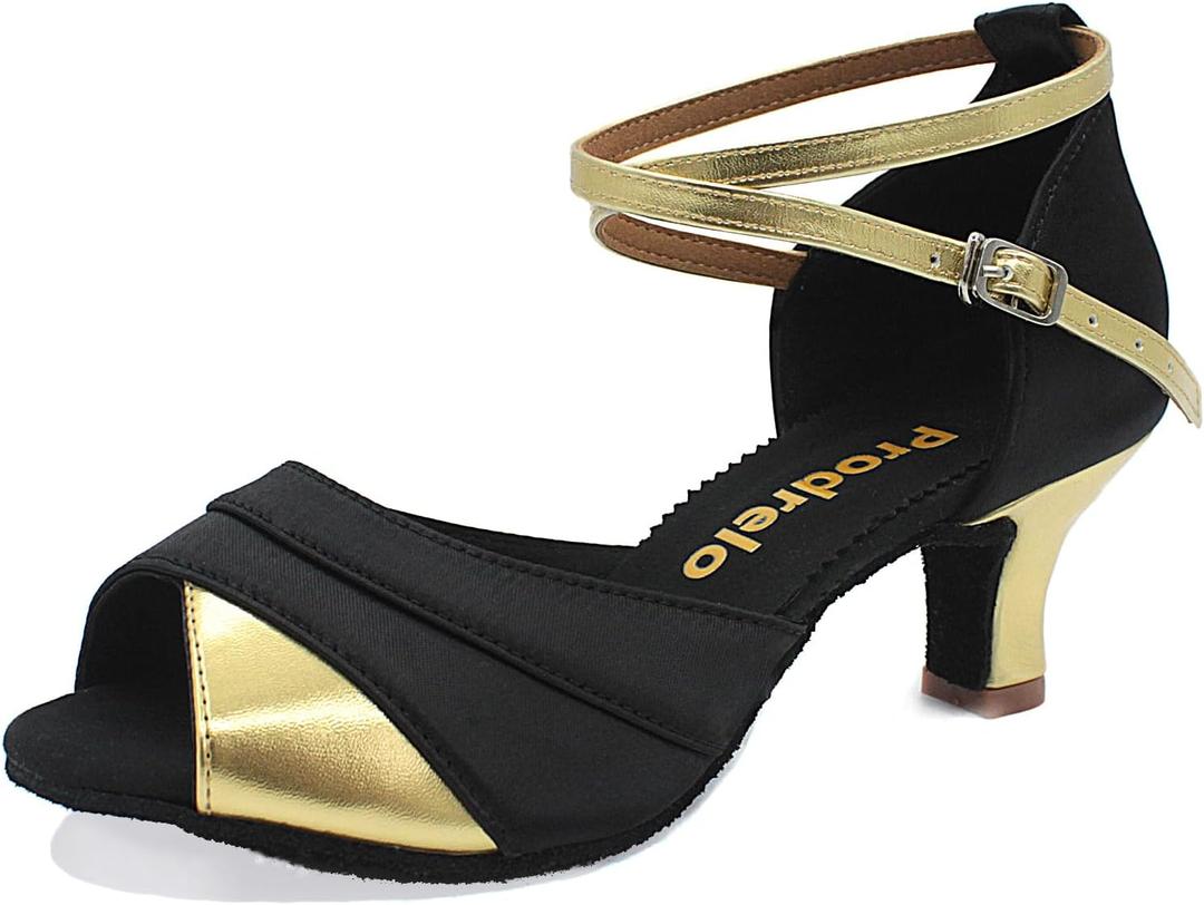 Women's Latin Salsa Dance Shoes,Black Satin Ballroom Heels,Cross-Strap Professional Practicing Shoes (6)