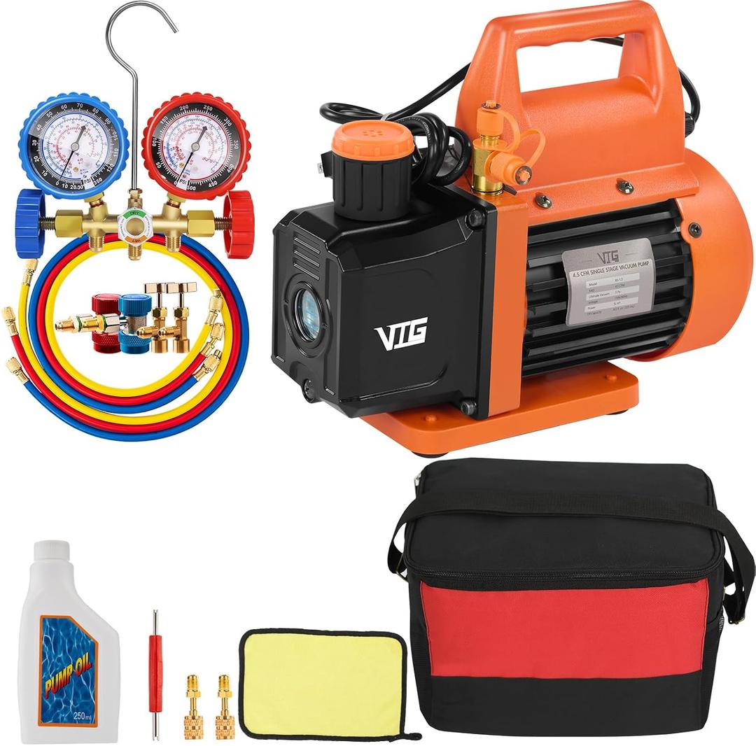VTG VOGTEN 4.5 CFM AC Vacuum Pump and Gauge Set,for Mini Split/HVAC/Auto Systems,Manifold Gauge Kit Compatible with R134a R12 R22 R502,Includes 2 R134a Can Taps,R410a Adapters