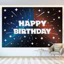 Black Cartoon Galaxy Themed Happy Birthday Backdrop, Star Banner Outer Space Theme Birthday Garland Decorations for Celebrations Cosmic Events, 39.37 inches x 59.06 inches