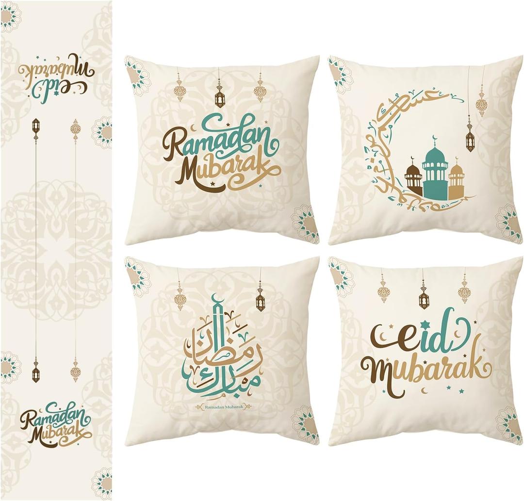 Ramadan Decorations for Home 2025 - Table Runner & 4pcs 18x18 inches Pillow Covers - Ramadan Decor for Table Couch - Gifts-Indoor