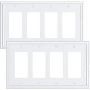 2-Pack Quad Decorator Outlet Cover Plate, Zinc Alloy Decorative Pure White Switch Plates and Outlet Covers, 4 Gang Wall Plates for Electrical Outlets, Receptacle, GFCI Outlet, Dimmer Switch