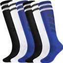 Kids Soccer Socks Boys Football Socks 6 Pairs Girls Striped Knee High Sock Baseball Softball Sports 10-14 Years Teenager Youth (2Black+2White+2Blue, L)